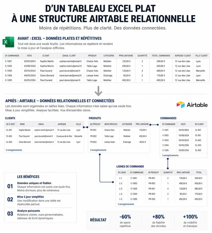 Infographie illustrant la différence entre un tableur classique et une base de données Airtable pour une formation Airtable