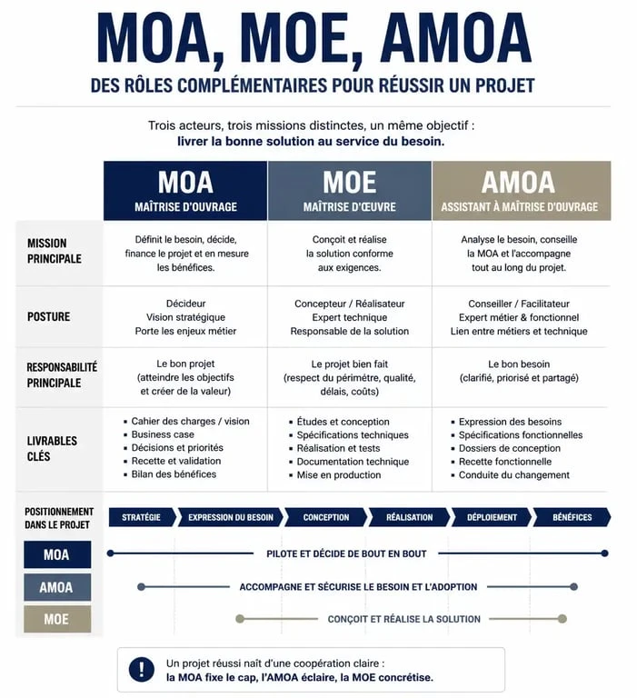 Schéma comparatif des rôles : MOA, MOE et AMOA dans la maîtrise d'ouvrage
