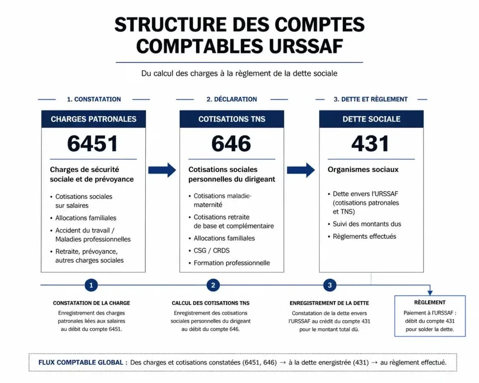 Schéma récapitulatif des comptes comptables URSSAF pour la saisie des cotisations sociales
