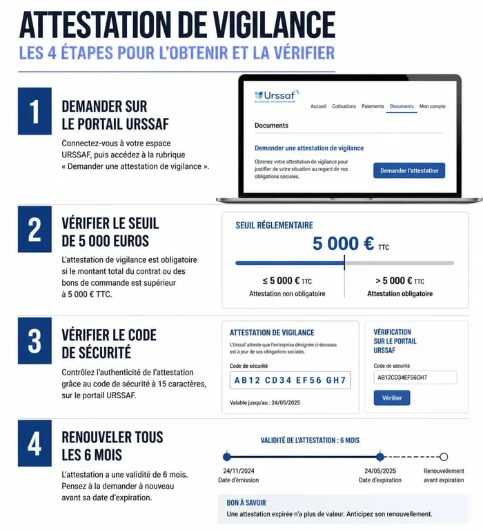 Infographie du processus d'obtention et de vérification de l'attestation de vigilance URSSAF