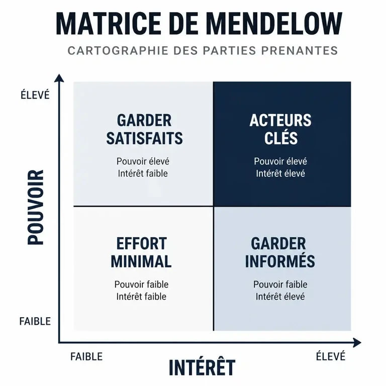 Infographie de la matrice de Mendelow pour la carte des parties prenantes illustrant les niveaux de pouvoir et d'intérêt.