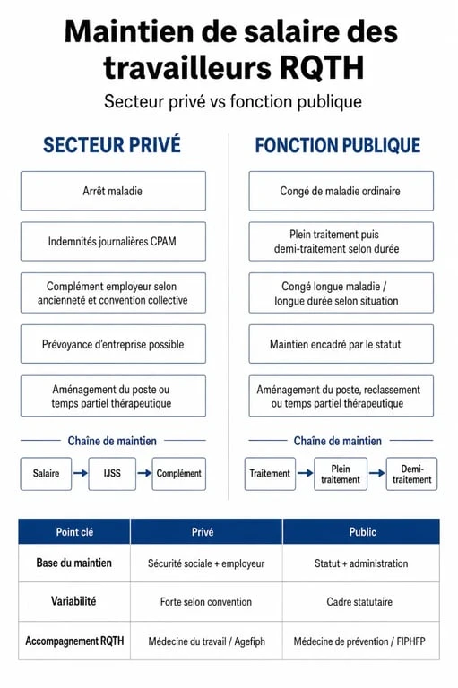 Tableau comparatif des aides financières et dispositifs de maintien de salaire pour les travailleurs RQTH dans le secteur privé et la fonction publique