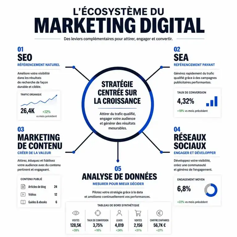 Schéma des piliers du marketing digital : SEO, SEA, contenu et réseaux sociaux
