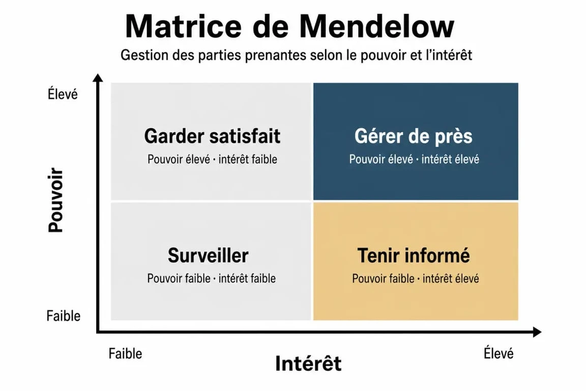 Matrice de Mendelow pour la gestion des parties prenantes d'un projet : cartographie du pouvoir et de l'intérêt