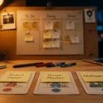 Equipe scrum : Product Owner, Scrum Master et Développeurs sur table