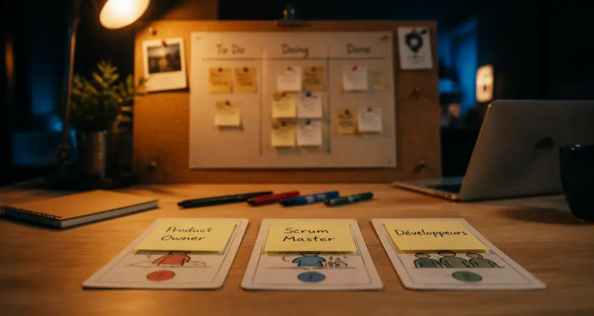 Equipe scrum : Product Owner, Scrum Master et Développeurs sur table