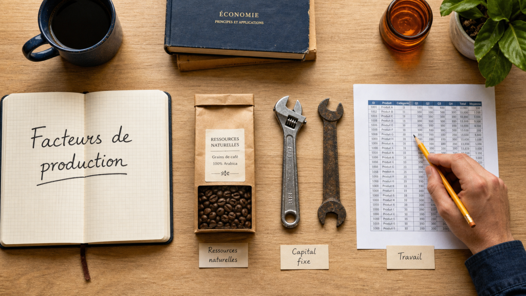 Exemples de facteurs de production : travail, capital, ressources naturelles