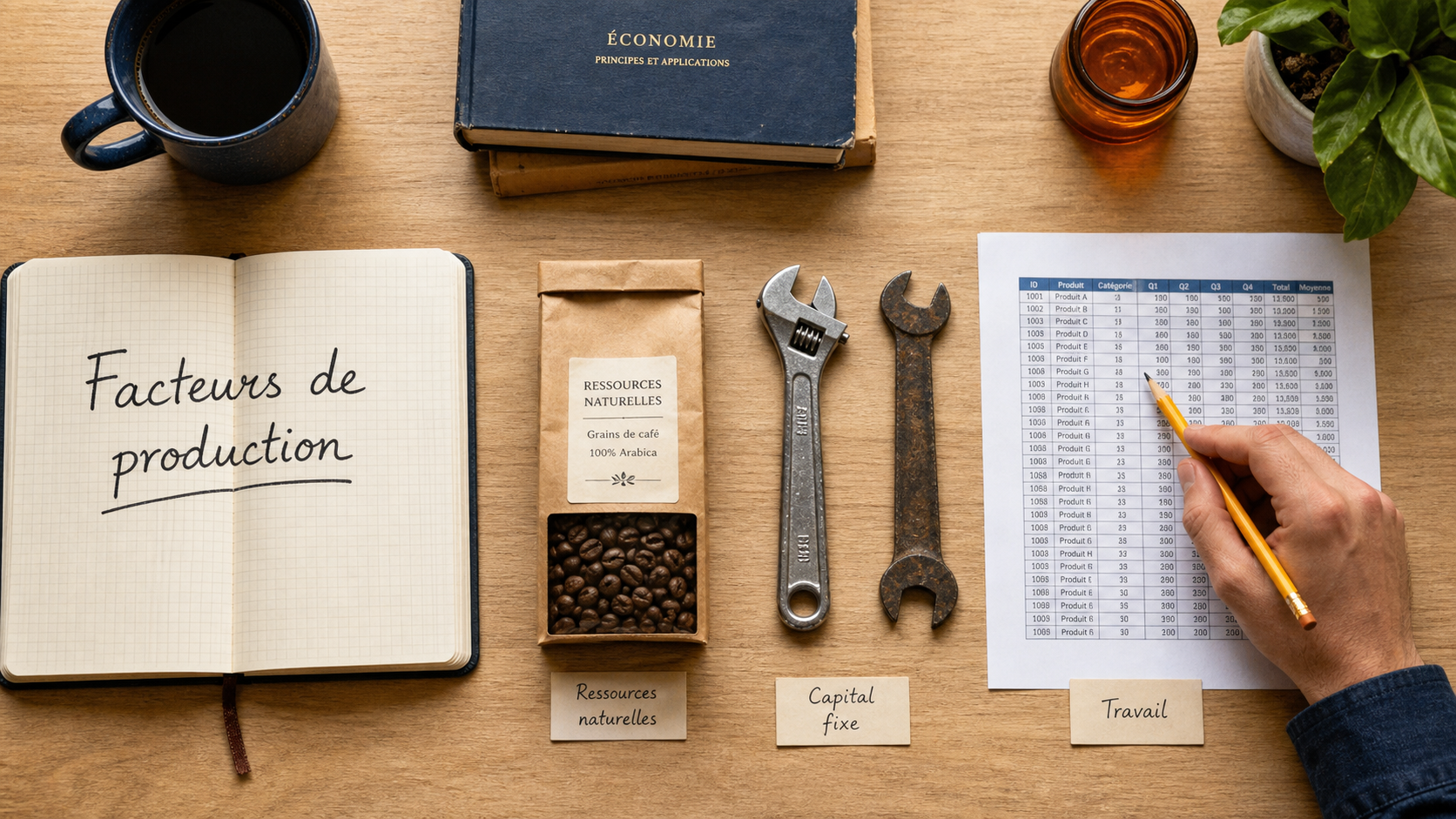 Exemples de facteurs de production : travail, capital, ressources naturelles