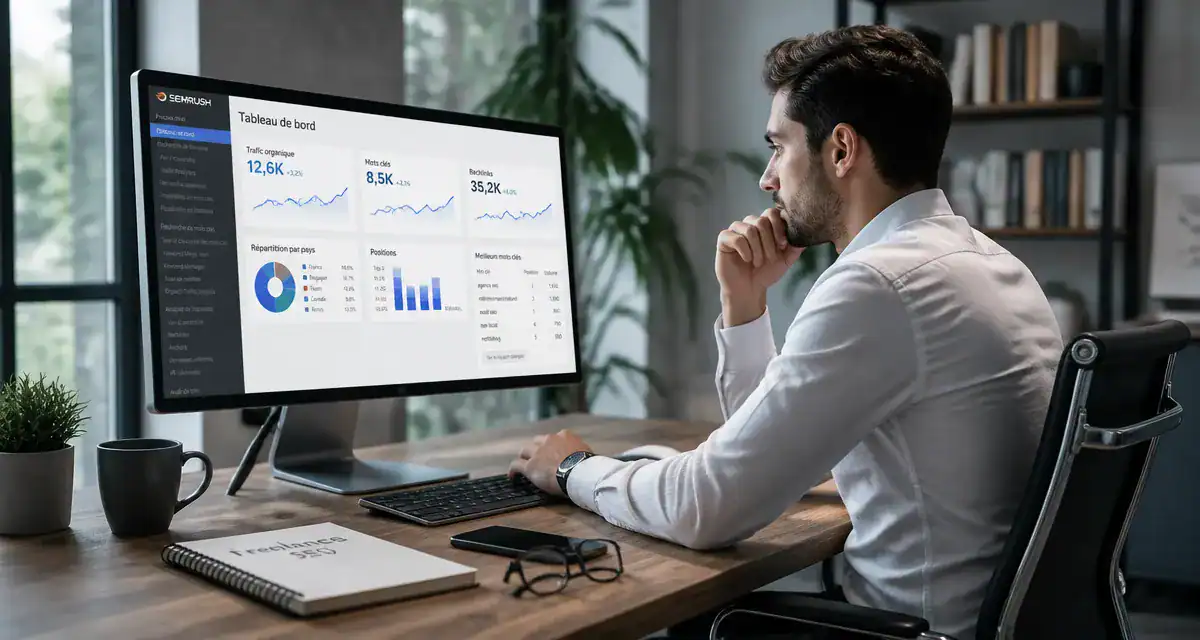 Consultant freelance SEO travaillant devant écran