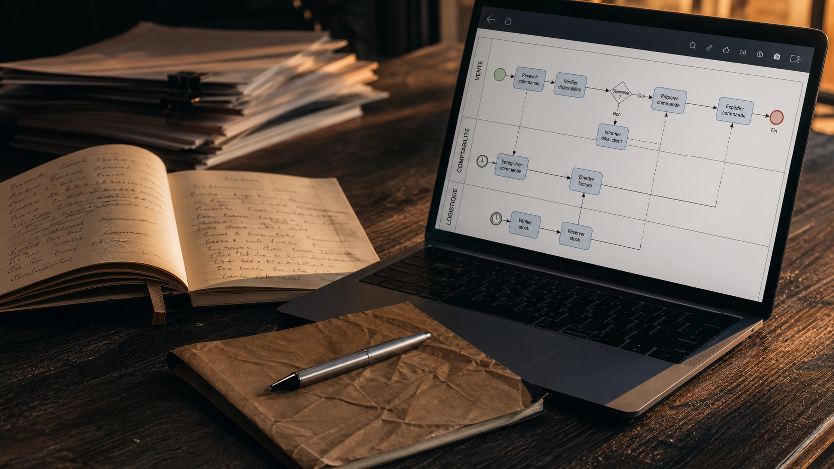 Logigramme en ligne sur table, BPMN et processus