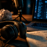 Podcast seo : casque audio sur bureau avec notes