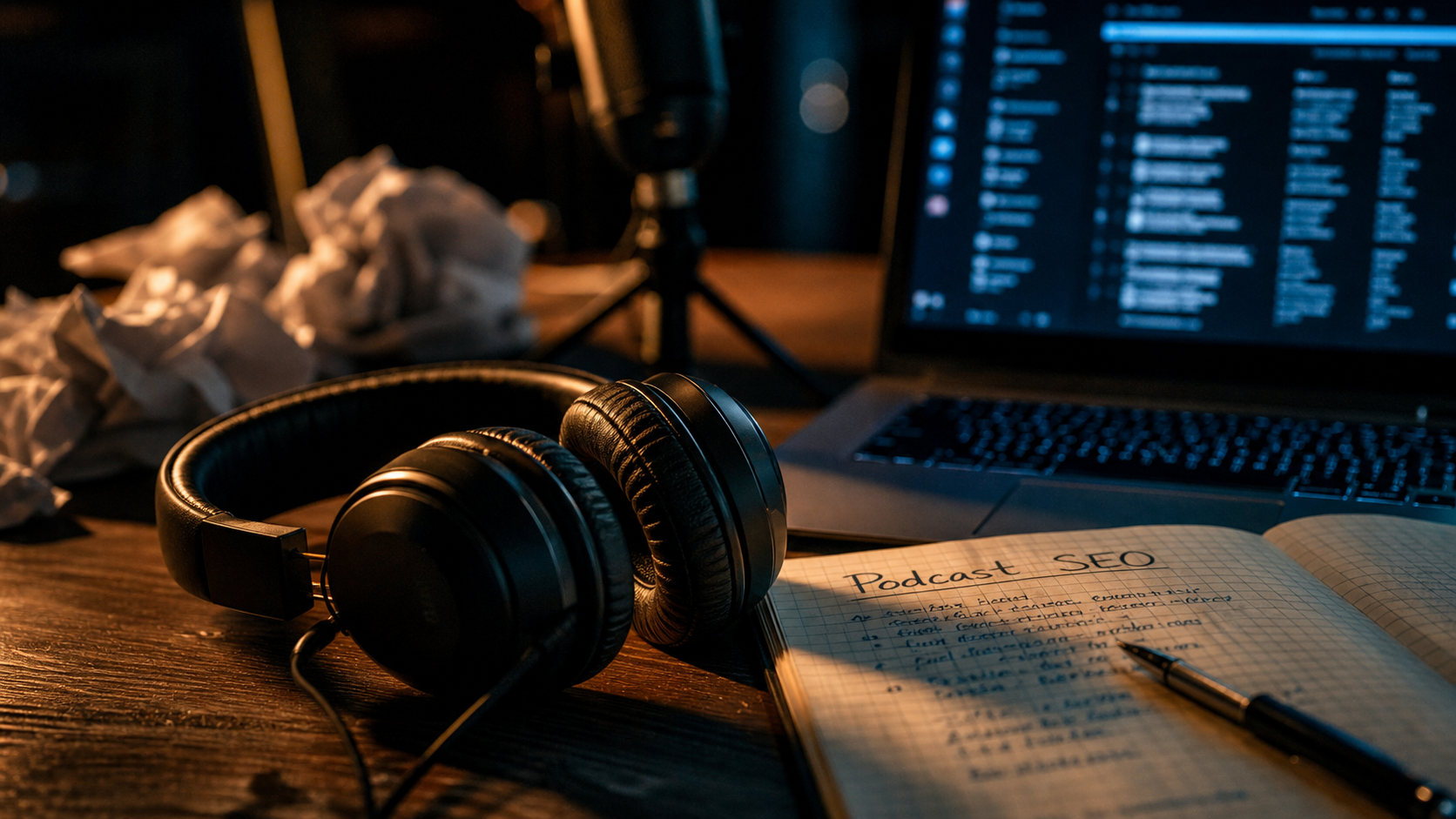 Podcast seo : casque audio sur bureau avec notes