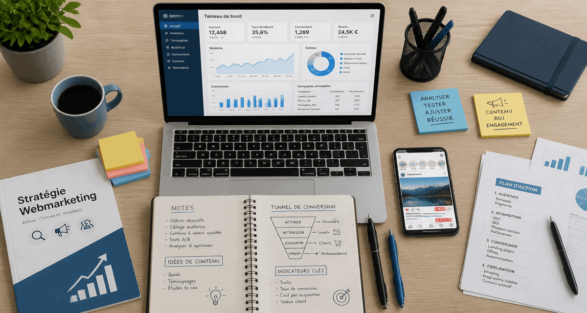 Bureau webmarketing moderne avec outils d'analyse