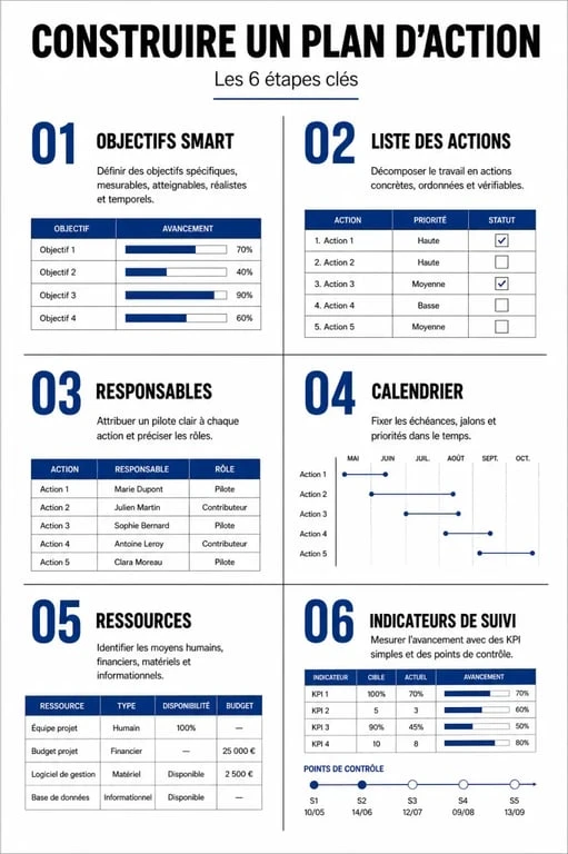 Infographie des 6 étapes pour réussir son exemple de plan d'action professionnel