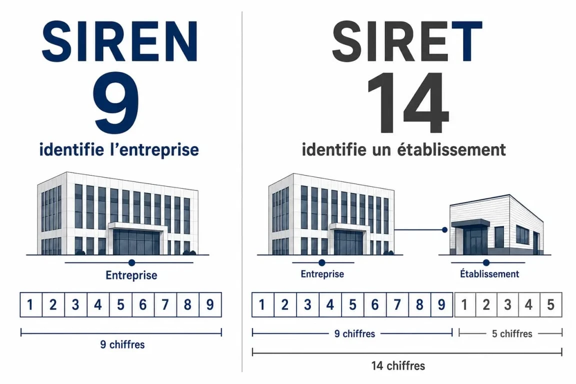 Différence entre siren et siret illustrée par un comparatif visuel clair entre entreprise et établissement