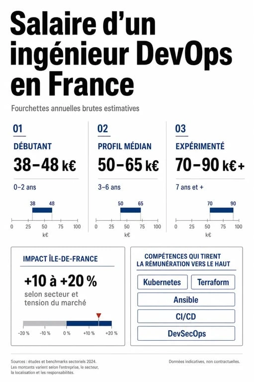 Infographie sur le salaire ingénieur devops salaire en France avec fourchettes selon expérience et localisation