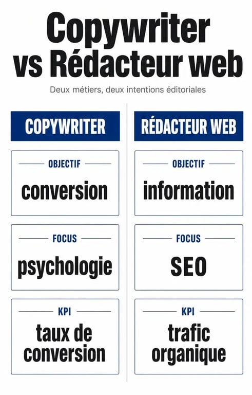 Infographie comparative des différences entre le métier de copywriter et de rédacteur web pour comprendre les rôles en marketing digital.