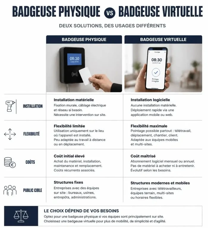 Comparatif entre badgeuse physique et badgeuse virtuelle pour la gestion du temps de travail en entreprise