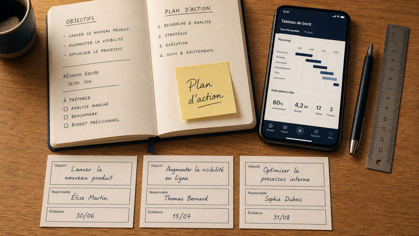 Exemple de plan d action et méthodologie sur table : carnet, Gantt et KPIs