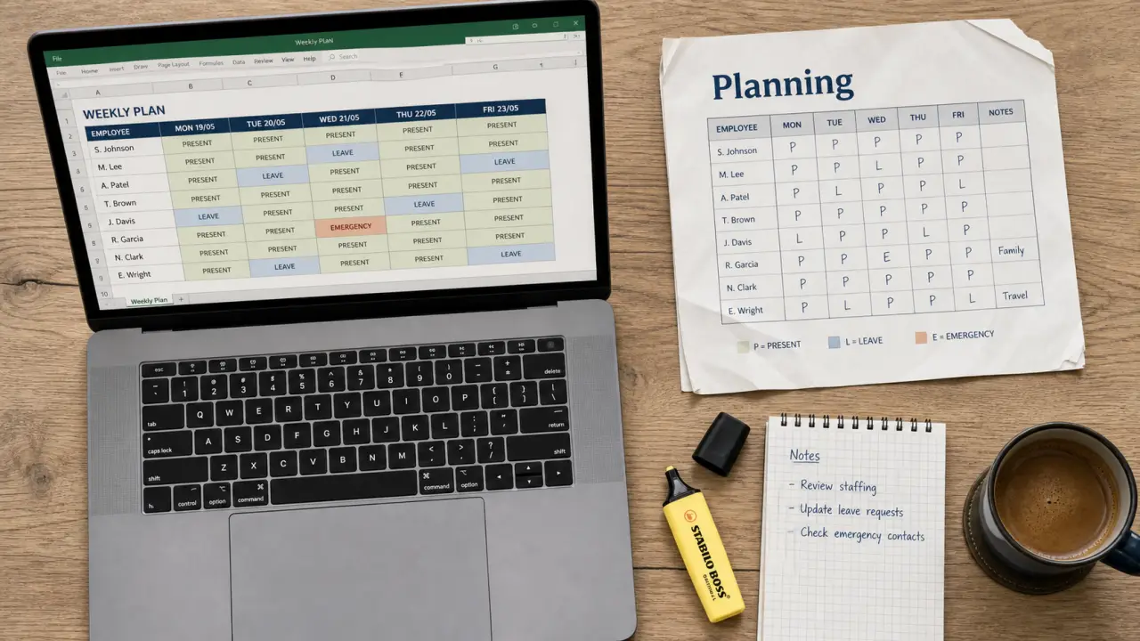 Faire un planning excel sur Excel, modèle hebdomadaire visible sur ordinateur