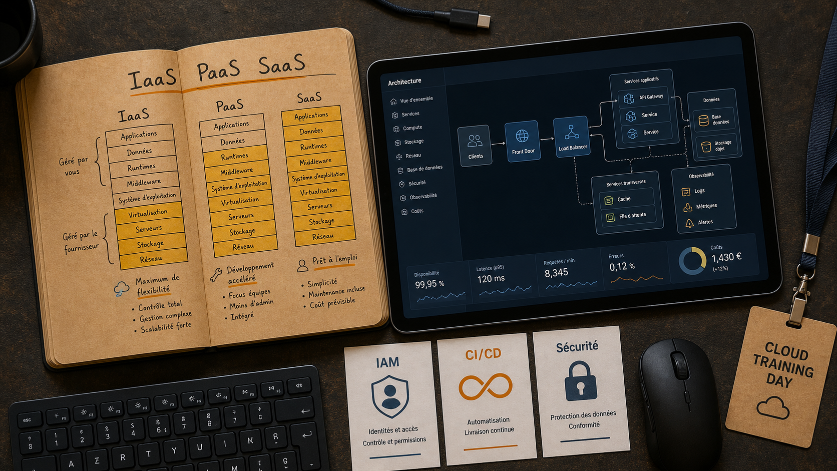 Formation cloud : schéma IaaS PaaS SaaS, IAM et CI/CD sur table de cours