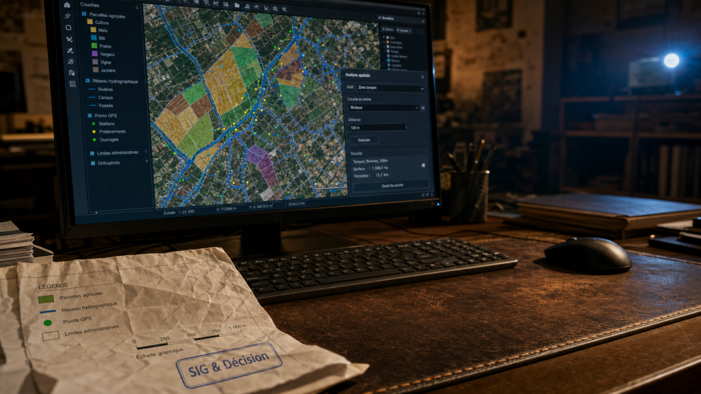 SIG logiciel : carte SIG avec couches et analyse spatiale