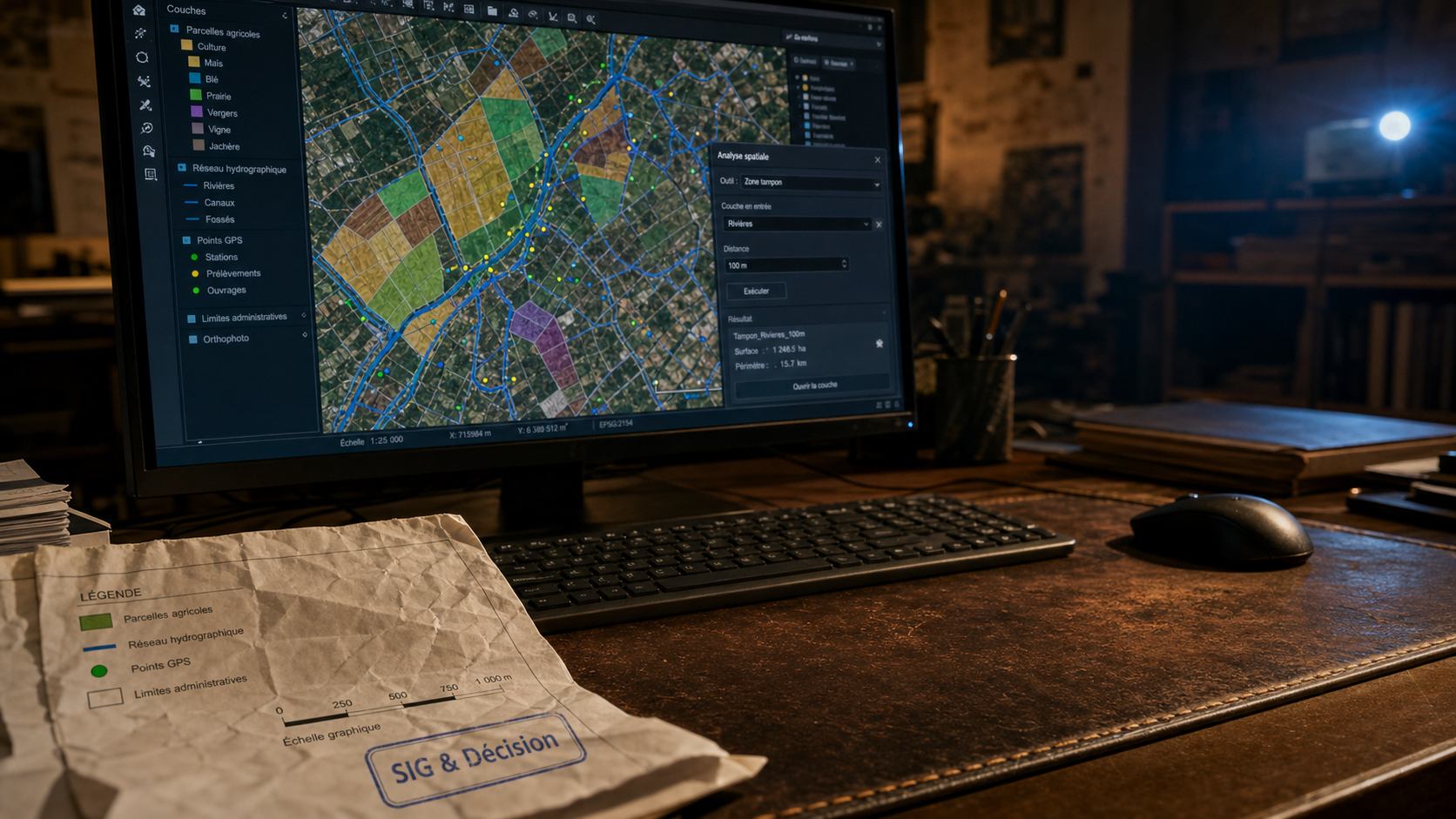 SIG logiciel : carte SIG avec couches et analyse spatiale