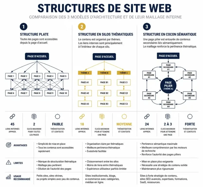 Infographie comparative des structures d'arborescence SEO : site plat, silos thématiques et cocon sémantique