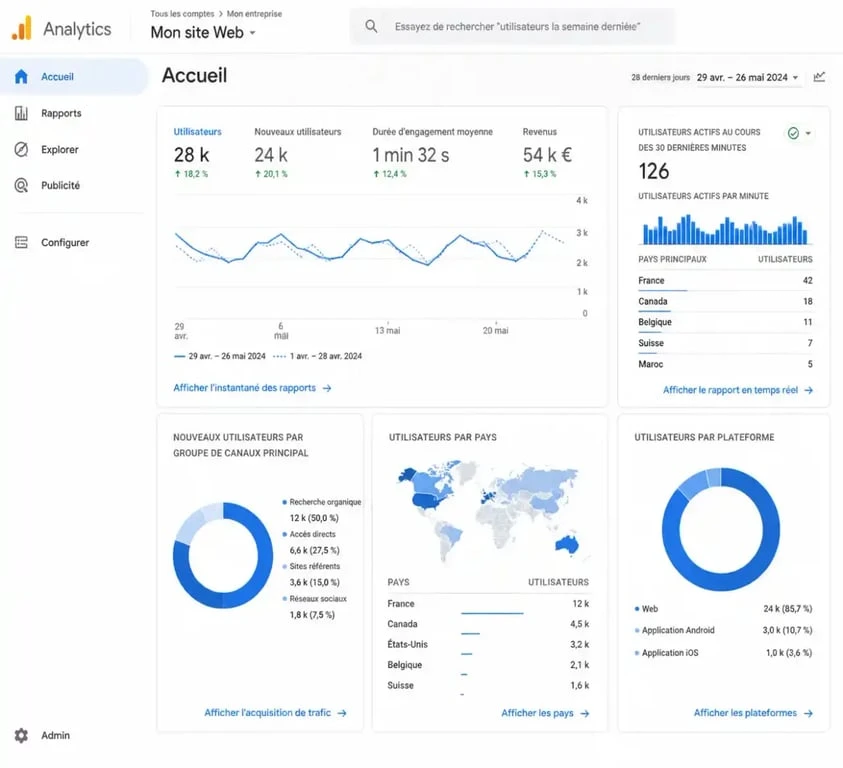 Interface du tableau de bord Google Analytics pour apprendre comment utiliser Google Analytics