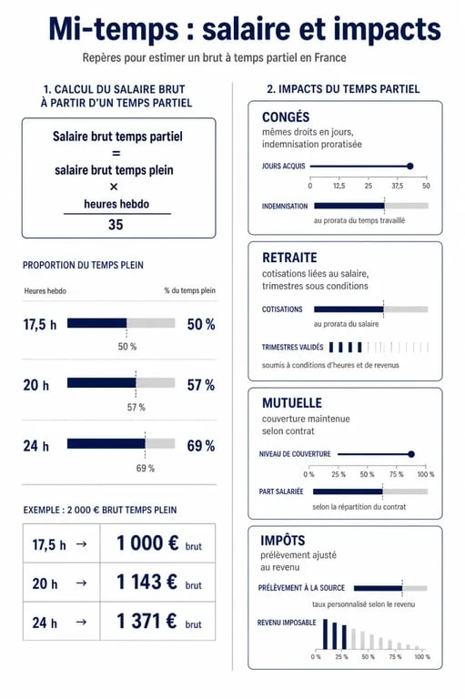 Travail à mi temps salaire : infographie éditoriale sur le calcul du brut, du net et des droits sociaux