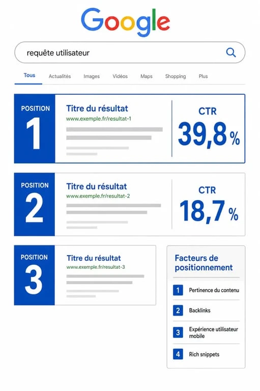Positionnement SERP : visualisation des positions Google 1 à 3 et de leur CTR