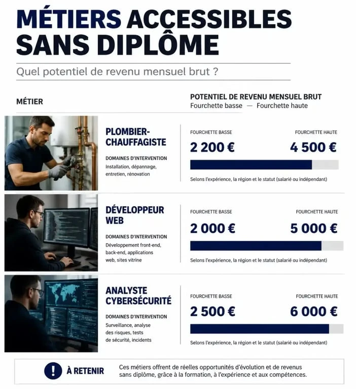 Infographie des métiers qui rapportent 5000 euros par mois sans diplôme : comparaison des salaires.