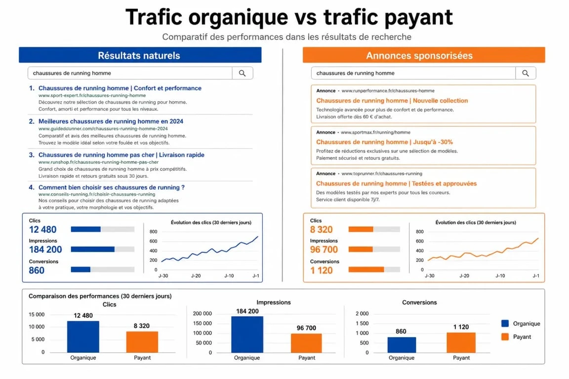 Trafic organique def : comparaison visuelle entre trafic organique et trafic payant sur un tableau de bord SEO