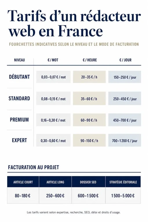 Tarif rédacteur web : comparaison visuelle des prix au mot, à l'heure, à la journée et au projet