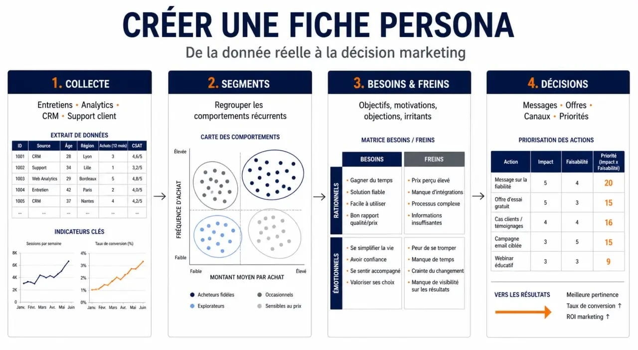 Fiche persona : schéma éditorial des 4 étapes pour créer un persona et l’utiliser en marketing