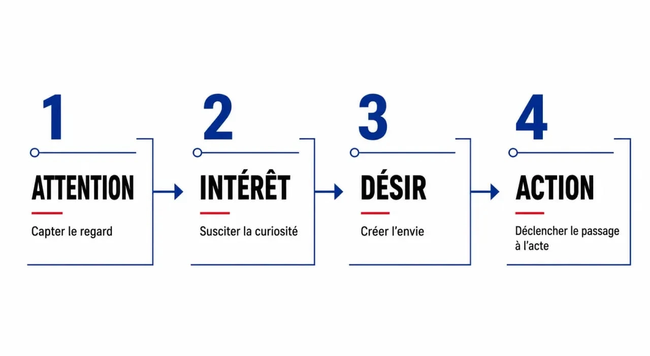 Schéma éditorial de la methode aida pourquoi avec les étapes Attention, Intérêt, Désir et Action
