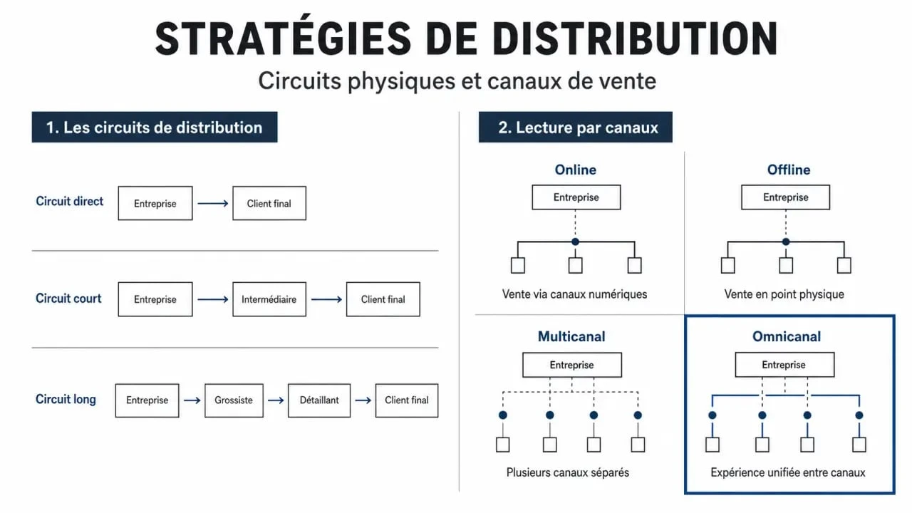 Stratégie de distribution : schéma comparatif des circuits direct, court et long
