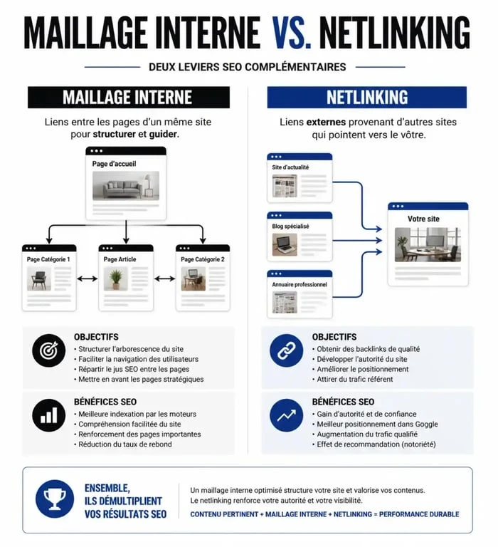 Schéma explicatif du linking SEO : maillage interne vs netlinking