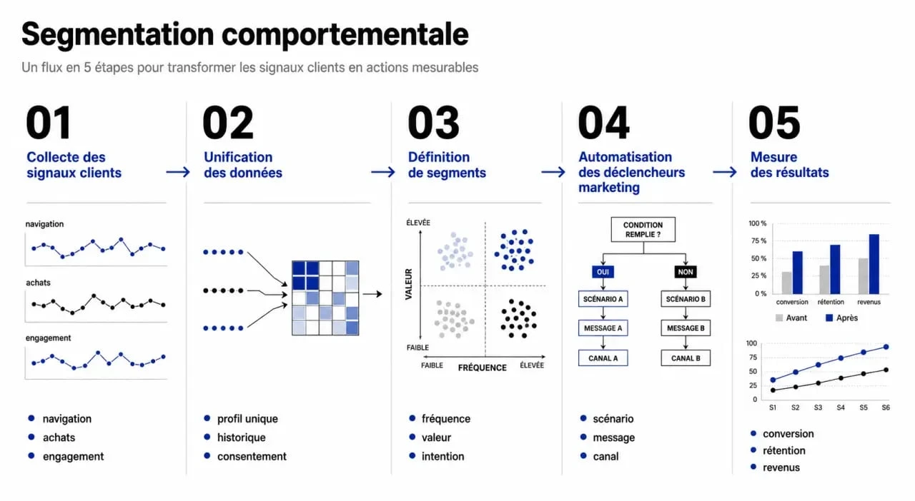 Segmentation comportementale : schéma des étapes de collecte, unification, création de segments, automatisation et mesure