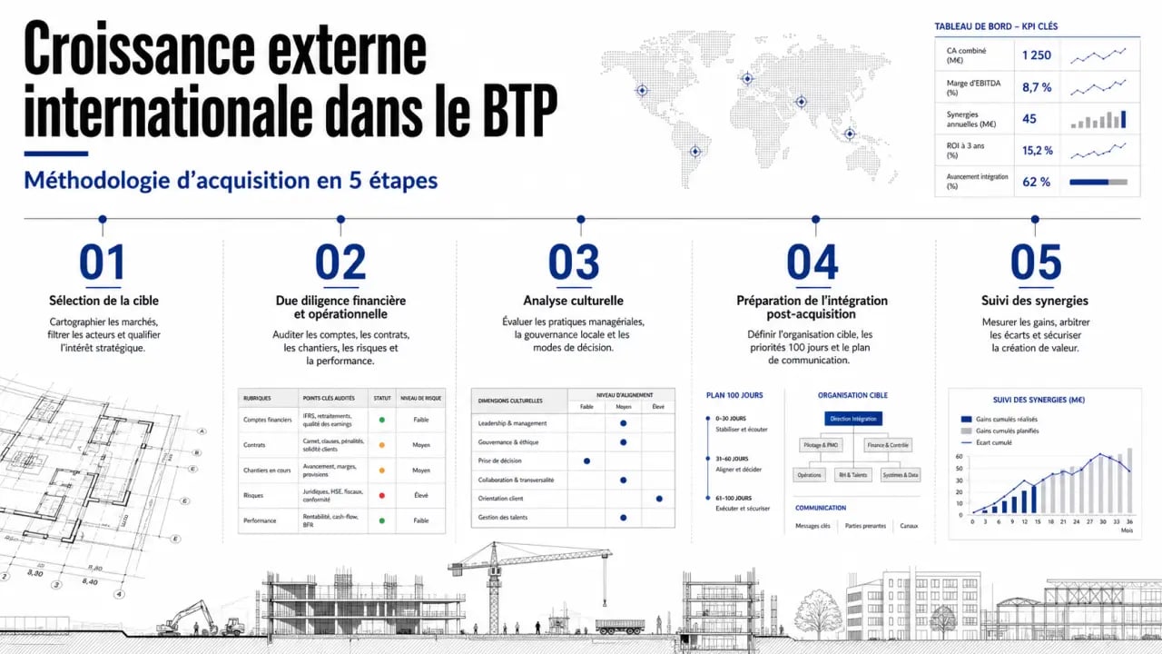 Stratégies d'expansion internationale pour les entreprises du secteur BTP : frise des étapes clés de la croissance externe