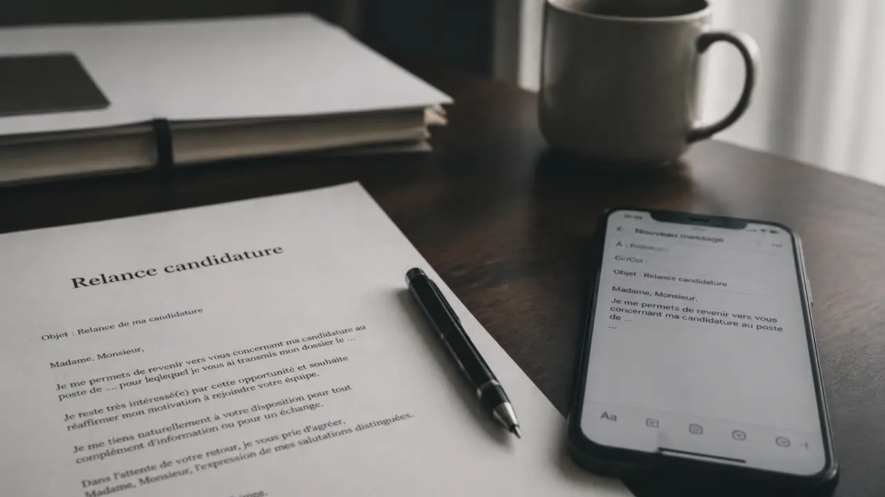 Relance mail candidature : lettre sur bureau, brouillon e-mail