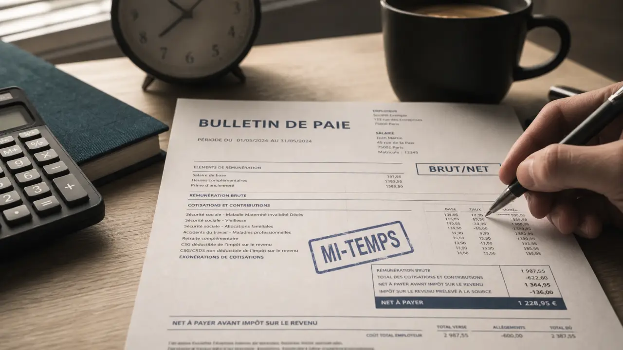 Travail à mi temps salaire : fiche de paie mi-temps, brut/net