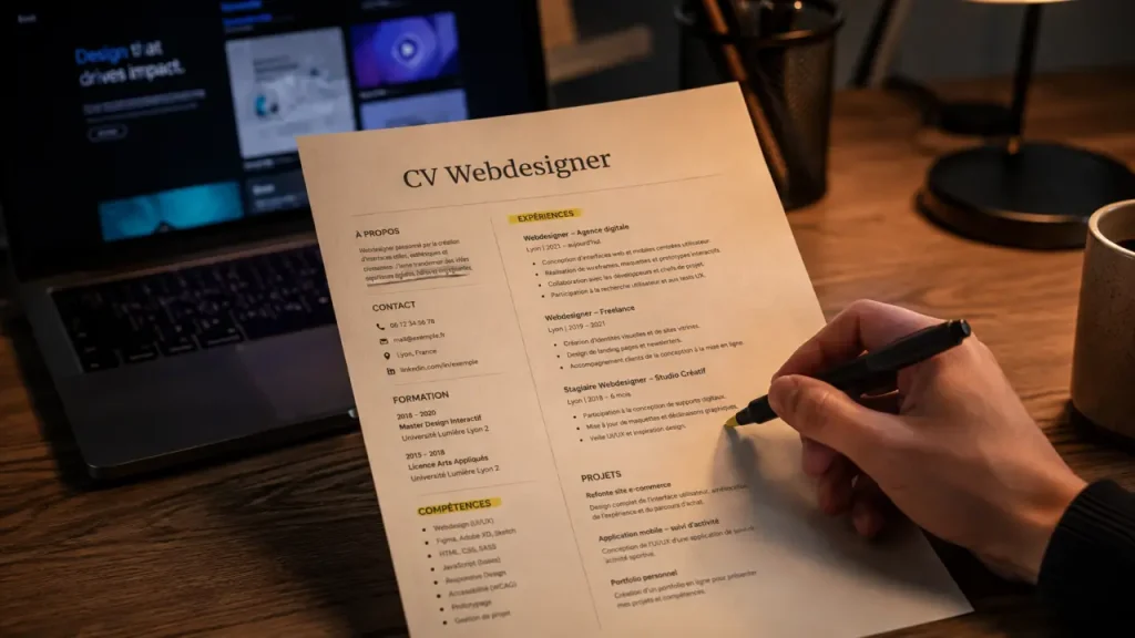 CV webdesigner : portfolio visible, ATS lisible, mise en page claire