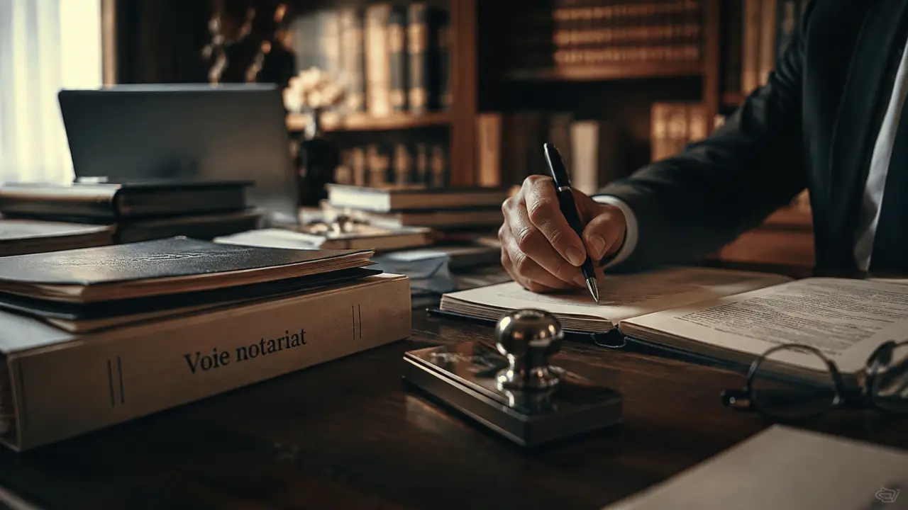 Devenir notaire à 40 ans : table de cabinet notarial, dossiers et tampon