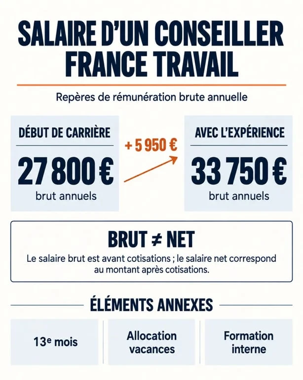 Infographie sur le salaire conseiller France Travail, du début de carrière à l’évolution avec l’expérience