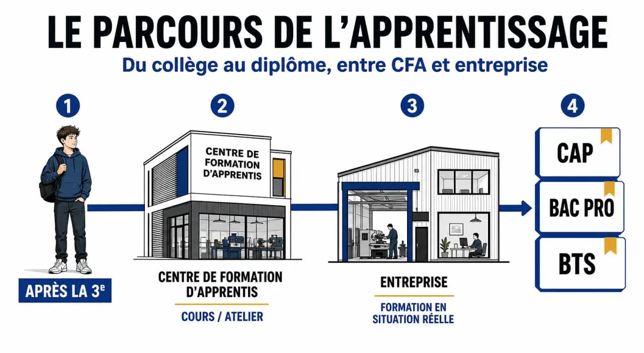 Métier apprentissage : parcours visuel après la 3e entre CFA, entreprise et diplômes CAP, bac pro et BTS