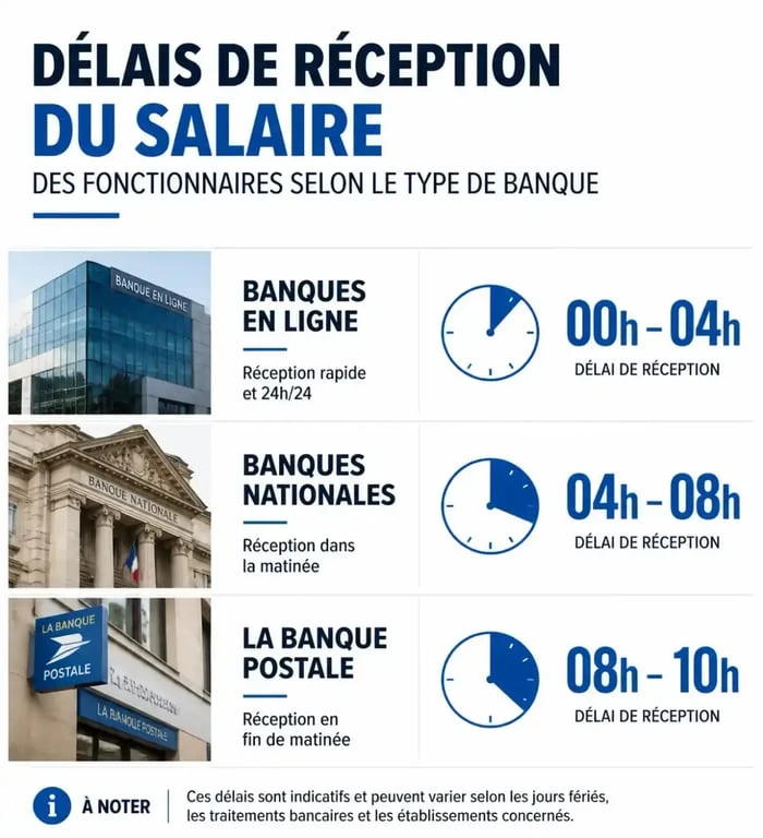 Infographie des délais de virement du salaire des fonctionnaires selon la banque