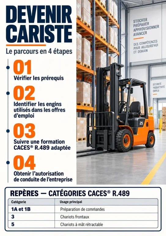 Infographie du parcours pour devenir cariste et des catégories CACES R.489