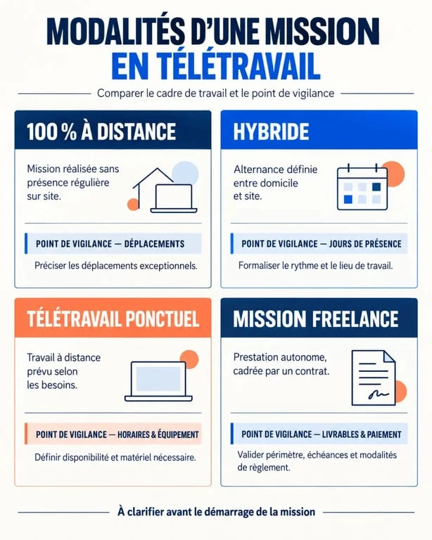 Infographie sur les modalités d’une mission en télétravail et les points à vérifier