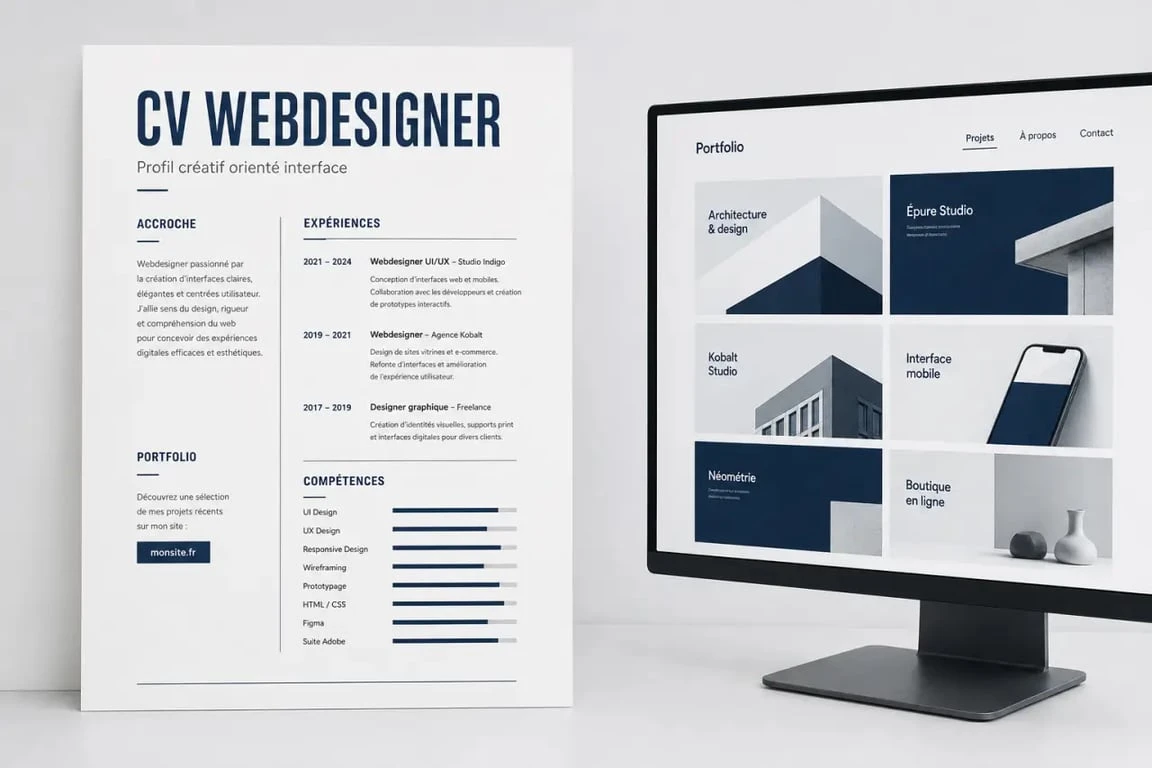 CV webdesigner avec portfolio visible et mise en page claire